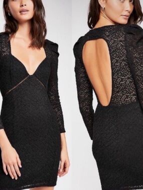 Free People Black Lace Long-Sleeve Open-Back Dress